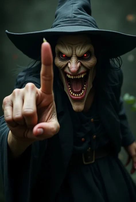  Horrible witch showing her middle finger. angry face, red eyes,  pointed wart on her nose , dirty yellow teeth .