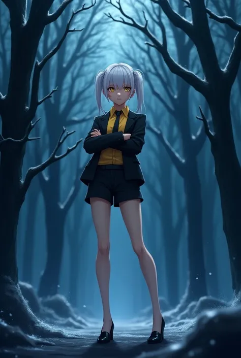 highly detailed, full-body anime female character, mature appearance, short white hair with two side ponytails, yellow eyes, fair skin, arms crossed, yellow shirt, black jacket, black tie, black shorts, black high heels, 1.85m tall, standing in a nighttime...