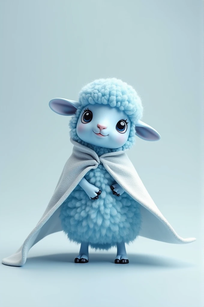  Create an image of a sheep on both feet with an all-white cape, Make the sheep all blue shiny baby , realistic 