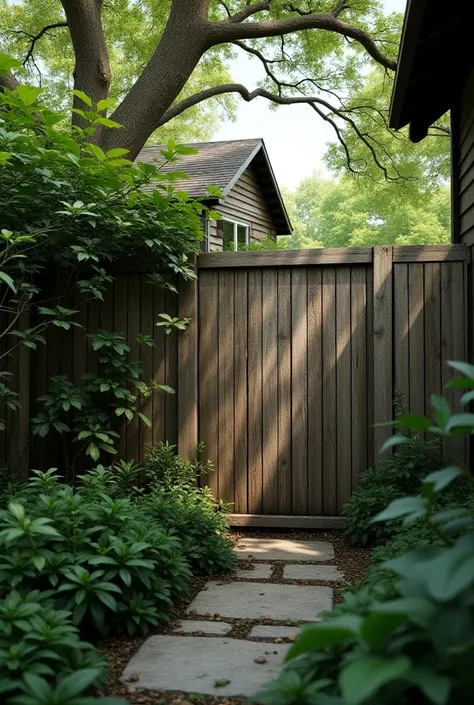   a wooden fence how much it was already covered by some shrubs and plants with a mini white wall, you could see two huge trees inside the backyard with a wooden house inside 