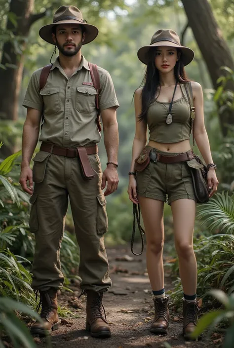 a jungle explorer costume that a realistic 8-head tall male and female game character. showing the entire body from hat to shoes...