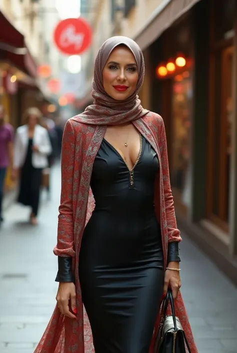 long hijab , pretty, Red lips, perfect face,  blue eyes,  perfect body, extreme tight maxi dress, Bright image, shopping street , 50 years old