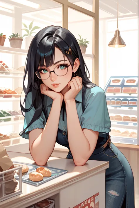 1 girl, witch,black hair, long hair,glasses,shop,general store,small items,salesperson