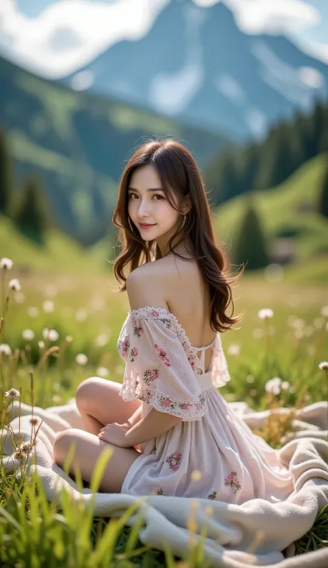 outfit the model in a short, flowy dress with floral patterns. pose her lying on a blanket in a picturesque mountain meadow, wit...