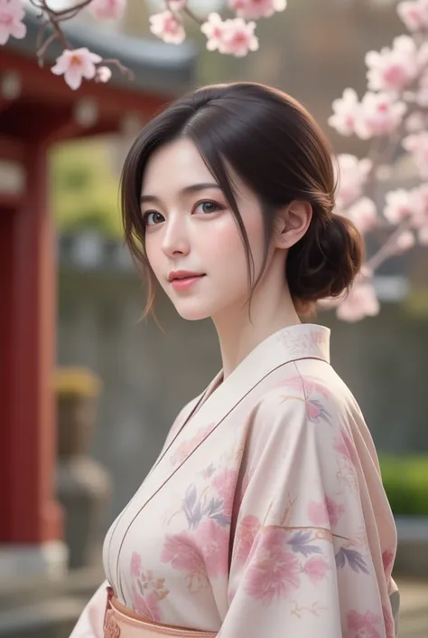 a photo of a serene east-asian woman dressed in a delicate, floral-patterned traditional kimono standing outdoors near a red woo...