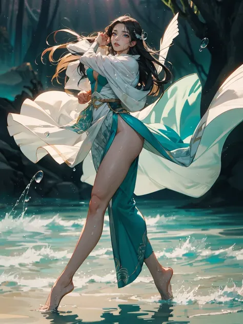 A beautiful woman with cascading waves of aqua-blue long hair, exquisite facial features, a melancholic expression, delicate and bright eyes, skin as smooth and radiant, her slender and graceful figure dances like water splashes in the wind, a splendid fan...