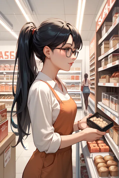 1 girl,black hair, long hair, ponytail,glasses,shop,general store,small items,salesperson, illustration,