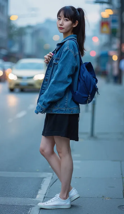 photography of Korean woman with ((ponytail hair)),  dressed in denim jacket,  black dress,  white sneakers,  blue backpack,  urban setting,  blurred vehicles,  soft focus,  evening light,  facing camera,  head tilted,  relaxed stance,  Eye-level shot,  ce...