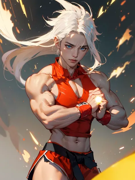 (best quality,height:1.2),realistic,Masterpiece:1.2,Portrait,colorful,studio lighting,spark,Muay Thai fighter,character design,Muay Thai fighterผู้กล้าหาญ, Thai boxer, muscular body,intense stare,Focused expression,Red and white gi,Black belt,Hot aura,Acti...