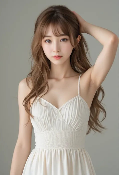 one beautiful lovely women, ((grinning)),Skinny Japanese young woman,)),Sexy, Detailed face, beautiful eyes, bangs, medium breasts, very thin waist, Light Brown wavy Hair, Faint lips, ((standing at front, Staring at the viewer,)), white summer dress, pleat...