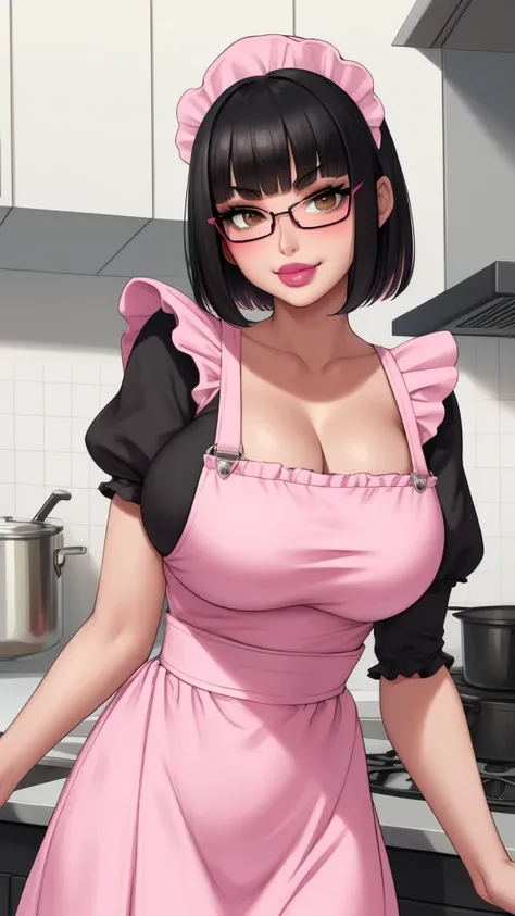 slim asian, jet black hair, black bobcut, blunt bangs, light skin, brown eyes, pink lipstick (bimbo lips), pouting lips & smile, ((eyeglasses, pink maid headwear)) slim waist, pink overalls, (black sleeves), big breasts ((huge breasts:0.5)), pink pleated s...