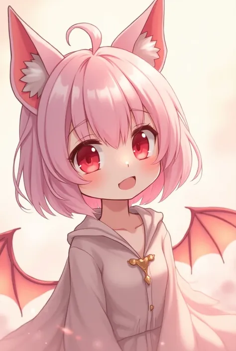 Smiling female anime with very light pink hair, red eyes, cat ears and bat wings 