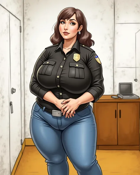 
Extremely fat woman, black woman, Police woman, Extremely thick legs ,  thin waist,  extremely large breasts,  wearing black leather shirt , wearing blue jeans,  prison scenario with female prisoners wearing leather pants