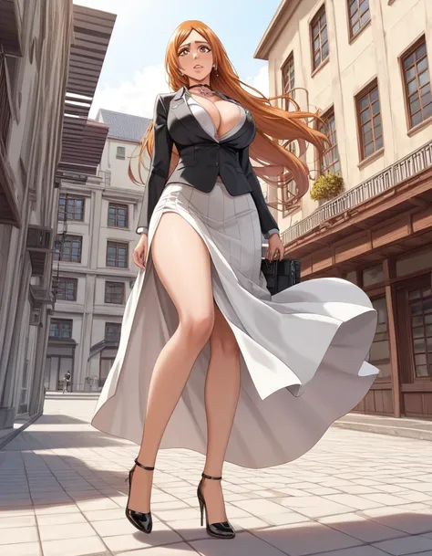  score_9,  score_8,  score_7, anime､Inoue Orihime in bleach、Detailed eyes、pubic hair, Big Breasts, erotic anatomy,  thin thighs、 Ambient Light  ,  shading 、((Titan Formation、city miniatures、Crush the building))、 business suits 、no-good、Flared long skirt、 s...