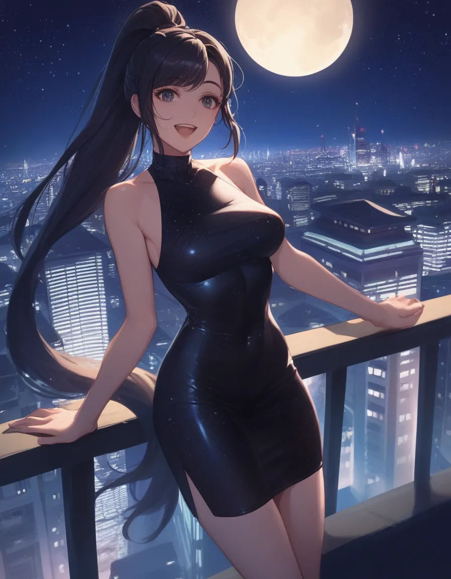 score_9, score_8_up, score_7_up, gsfghtr, long ponytail hair, black hair, bodycon dress, 1girl, sweet smile, open mouth, night, ...