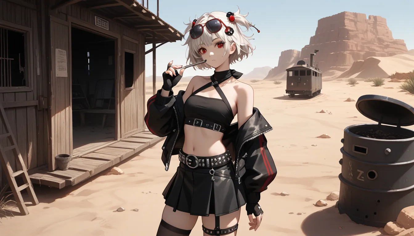 1girl,one,_zzz,  short hair,  short double tails,   hair ornament ,  sunglasses ,  on the head , desert area,  eyes against the ...