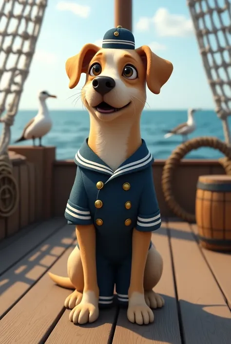 Raise a dog on a ship wearing a sailors outfit 