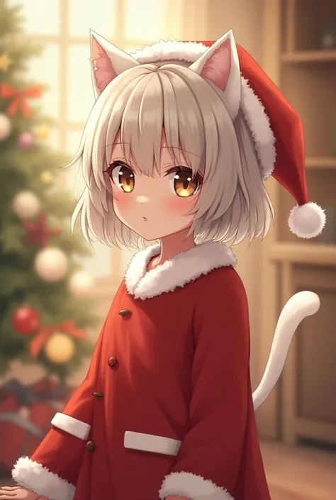 Short hair , White Cat Ears ,  16-year-old girl,  Shy Santa 