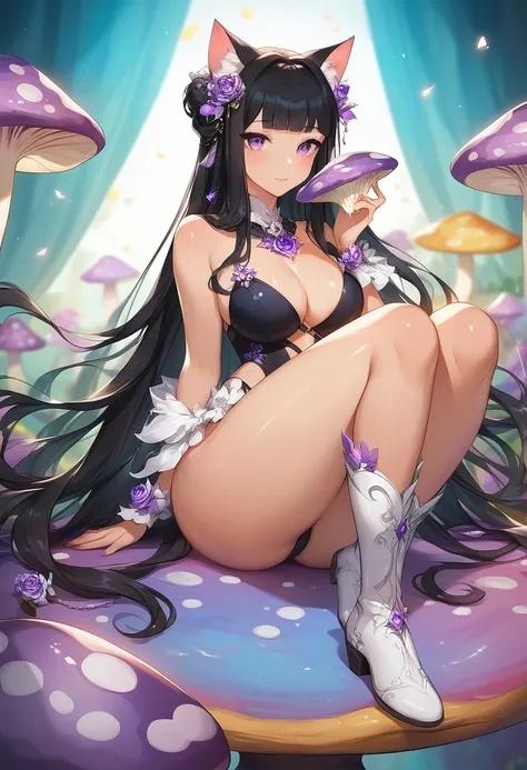 (masterpiece, high quality, best quality, official art, beautiful and aesthetic. Beautiful girl with cat ears ,purple eyes , made up,  Long black hair , Slapped eyes and felines , beautiful body,  thick thighs , white boots , Wear a black high-legged swims...