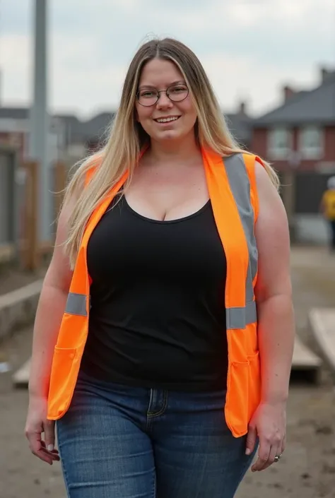 a photograph of a dutch woman with straight dark blonde hair, a 20 yo woman with massive breasts on a building site, wearing black tank top and a reflective orange vest, tight jeans, gigantic breasts, no bra, a little chubby, a little bit thick body, happy...