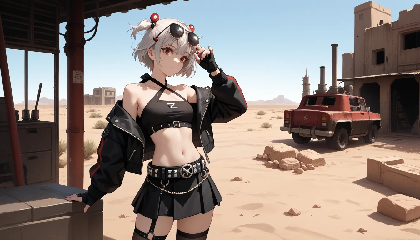  1girl,One,_ZZZ,  short hair,  short double tails,   Hair ornament ,  sunglasses ,  on the head , desert area,  eyes against the background of an abandoned gas station, 
White,  short hair,  short double tails,   Hair ornament ,  sunglasses ,  on the head ...