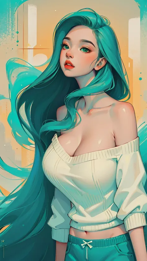 Oil paint.brushes strokes. SYNTHWAVE STYLE DESIGN VIBRANT COLORS. huge breasts , cleavage, young asian girl. off the shoulder sweater, panties, with long dark green hair, aqua eyes, Full lips, Solid color background, arms behind back, long flowing hair, wi...