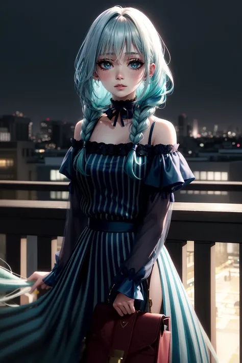 Highly detailed and realistic, upper body, soft lighting, cool tones. A girl with long, flowing hair (gradient of dark blue and teal) sways gently in the wind on a rooftop. Her hair, slightly tousled yet elegant, bathes in soft sunlight, with subtle reflec...