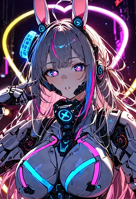 1girl, cyborgs style, big breast, upper body close up, rabbit ear head phone, gas mask with neon rgb color, white combat suit, s...