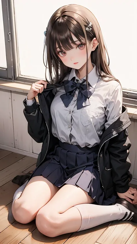 a woman in a school uniform sitting on a wooden floor, tying her blouse, 1girl, skirt, school uniform, brown hair, solo, sitting, jacket, bow, socks, school girl, school uniform, classroom