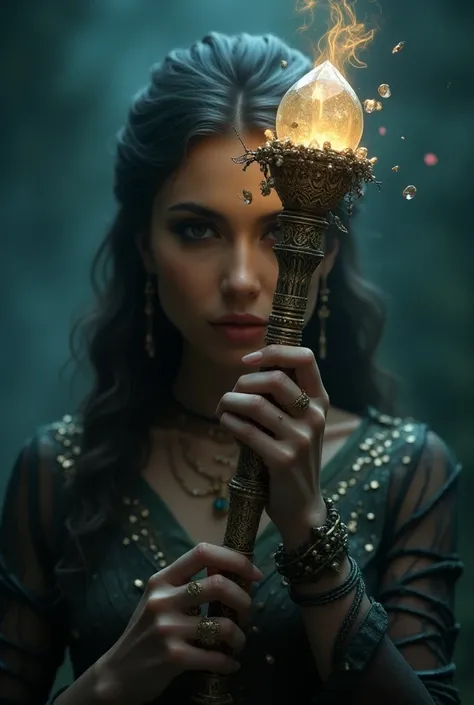 atlante copper rod with diamonds encrusted and quartz embedded in the tip and a woman holding it