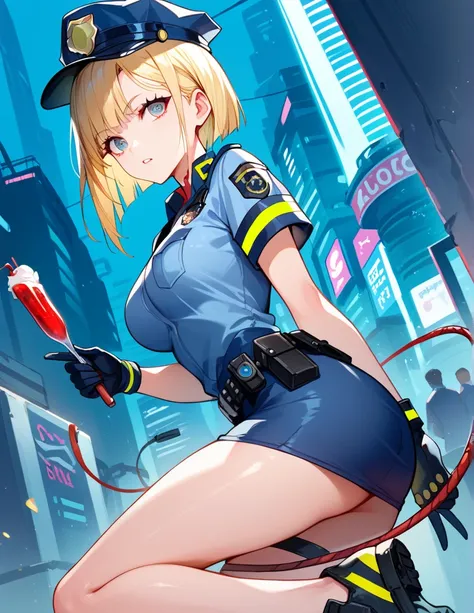  score_9,  score_8_up,  score_7_up, sauce_anime, cyberpunk,  beat up police officers , woman,  short blonde, Shake the grip of the red slender whip、　The background is a prison、