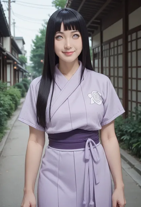 1girl, hyuga hinata in anime naruto, long hair, black hair, white eyes, smile, beautiful, sexy clothes, purple clothes, very big breast, realistic clothes, detail clothes, outdoor background, ultra detail, realistic