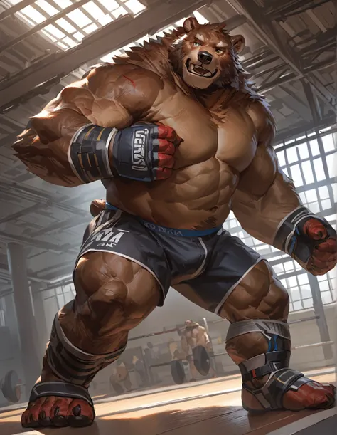 lindong, (a kodiak brown bear), (wearing mma shorts), (with red slits), (wearing an mma gloves with red knuckle pads) and an (an...