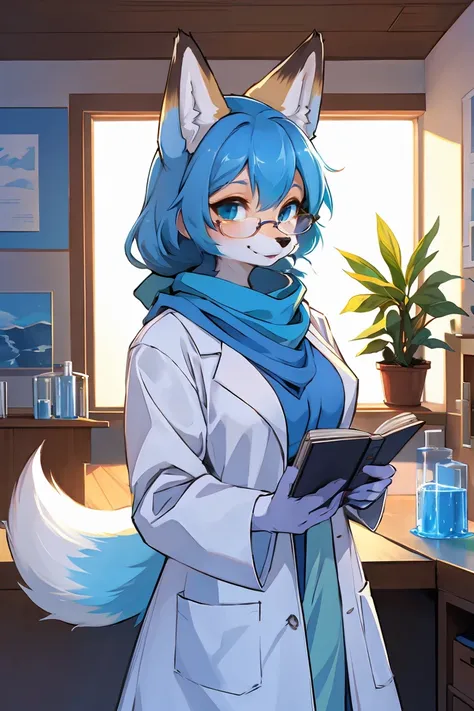 furry,fox_girl,anime character with arctic fox ears wearing lab coat and blue scarf,arctic fox，fluffy blue fur and blue tail, ha...