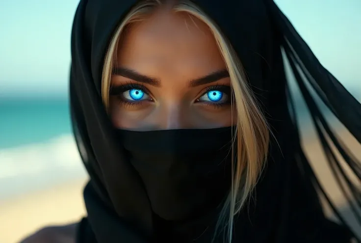  Face image of a beautiful and stunning Arab girl ,  she is wearing a black sweater , sensual neckline, Firm and beautiful breasts , detailed skin, odalisca sexy,  fluorescent blue eyes ,  has bright and strong blue light coming out of the eyes that illumi...