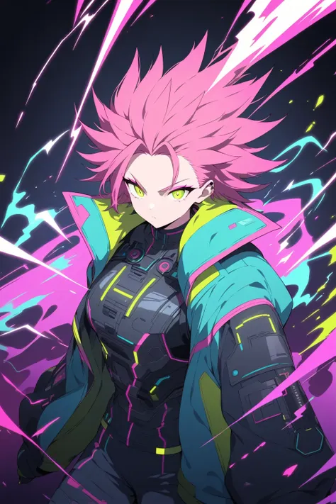 highly detailed anime-style illustration of a powerful character with spiky hair, glowing in neon colors. the character is muscu...