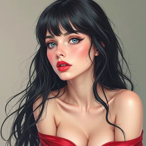 A beautiful Russian woman, eighteen years old, with long, straight black hair, cobalt blue eyes, piel Blanca,  blushed cheeks and red lips, big breasted, With a red top , , red background 