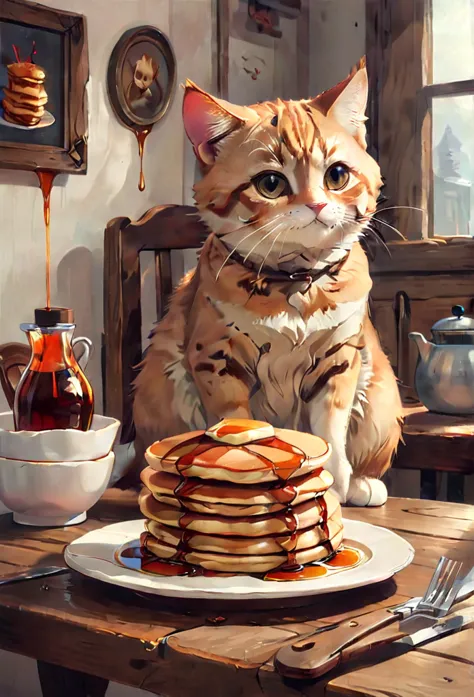 positiv clip l
cat, wooden table, stack of pancakes, syrup
positive clip g
a cat sits on a wooden table and looks at a stack of ...