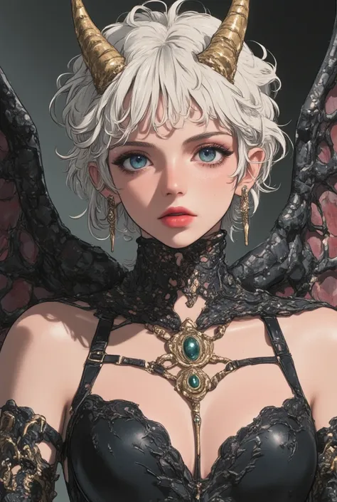 devil, 1girl, white hair, shor hair, sagging eyes, make up, eyelashes, look at me, sheep horns, big wings,