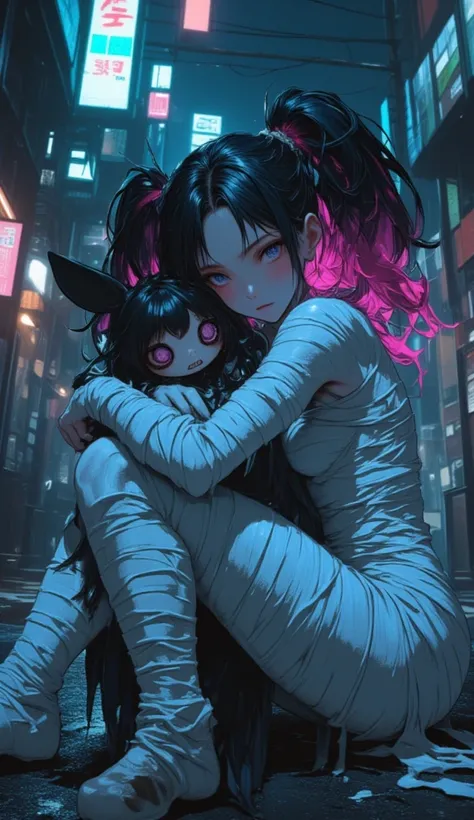 mummy-girl(mummy,all body white bandaged, all face bandaged,hair(black base and pink dip-dye hair,twintails,floating,rolled,detailed,shiny),sitting on ground,breast,looking at viewer,) is hugging doll(rabbit(bandaged mummy,evil)).background(at alley,harajy...