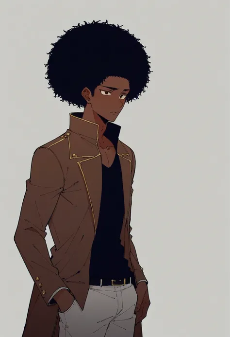 (Male Boy: 1.5)“Portrait of Koyo, a 16-year-old boy, 1.80 m tall, dark brown skin and Afro-descendant features. She has black hair, curly and well combed in small, voluminous 3.6 centimeter curls. expressive, deep brown, with a shape that follows the aesth...