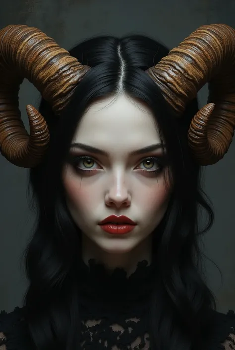 devil , 1 lady, portlait, look at me, horns, sagging eyes, make up, eyelashes, look at me, sheep horns