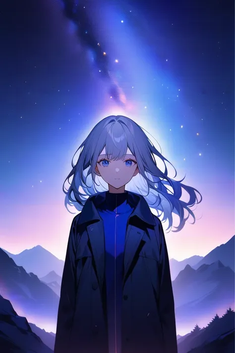 create an anime-style portrait of a young woman with white or silver hair, standing against a backdrop of a stunning night sky f...