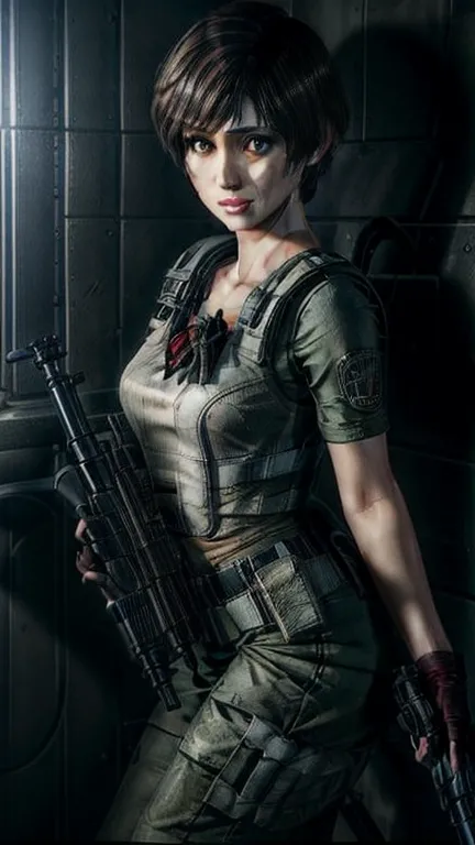 masterpice, resident evil, beautiful rebecca chambers, full body, beautiful eyes, gun in her hand, gorgeous face