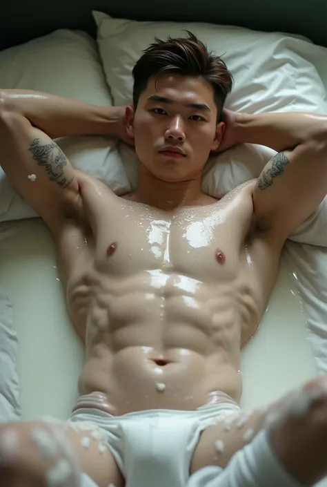 A very (WET) athletic young Japanese in early twenties with a tattoo, 2 (full body), light white pale skin tone, short undercut brown hair, cute face, ASIAN MALE, big smooth bulging rounded pecs man, hands at the back of his head, detailed face, HD, 8k, ul...