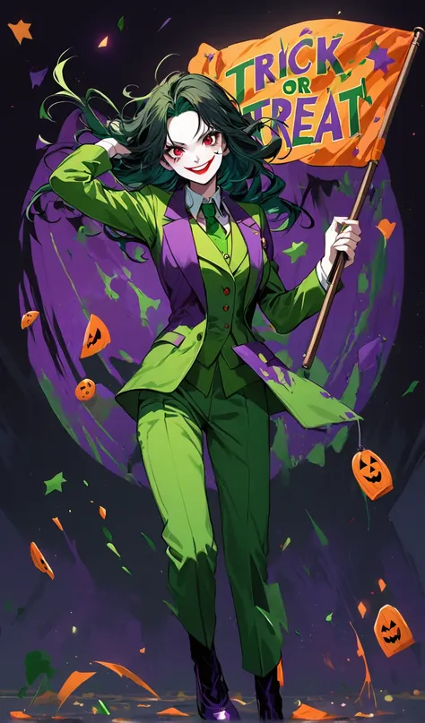 full body zoomed out illustration of a beautiful joker woman with long wavy black hair with green hair extension and red eyes, w...