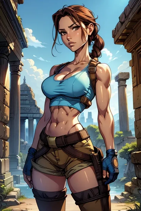 lara croft,(standing:1.4), (blue top:1.2), cleavage, slim athletic physique, navel, thighs, slim waist, wide hips, wearing brown...