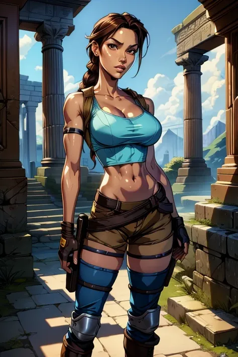 lara croft,(standing:1.4), (blue top:1.2), cleavage, slim athletic physique, navel, thighs, slim waist, wide hips, wearing brown...