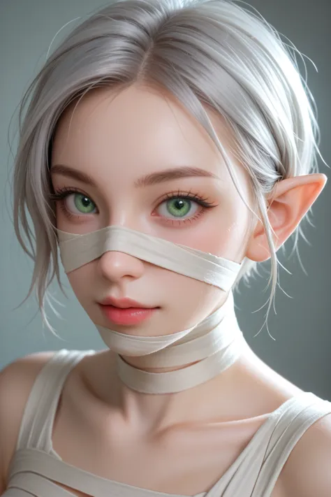 beautiful elf druid, silver hair, pale skin, long messy hair, one side undercut, green eyes  ,close-up details, realistic style ...