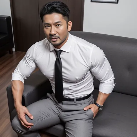 40 years old,One Man,、Muscular、  white shirt  ､black tie､Grey Pants､  office ,sofa、、 Black Hair 、Very short perm。Asian Face　Stubble、There is a bulge in the crotch of my pants　Menacing look　Stubble　  shout with your mouth wide open 